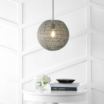 Luna 15.75" Bohemian Modern Woven Rattan/Iron LED Pendant - JONATHAN Y